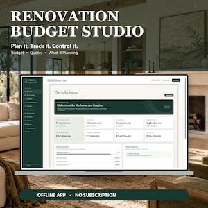 Può includere: Un'interfaccia software per la gestione del budget di ristrutturazione visualizzata su uno schermo di un portatile. La dashboard presenta una barra laterale verde scuro, schede dati bianche con cifre in euro e il testo Renovation Budget Studio.