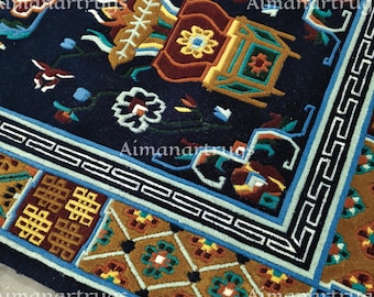 Handmade Tibetan Wool Rug 4x6 ft – Traditional Lotus & Auspicious Symbol Design.