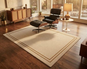 Modern Minimalist Border Rug, Cream & Beige Area Rug, Hand Tufted Wool Carpet, Living Room Decor, Custom Size Floor