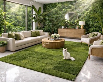 Alfombra botánica verde de 2,4 x 3 metros con diseño abstracto para sala de estar.