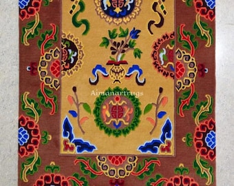 100x150 Tibetischer Wollteppich, Handgefertigter Buddhistischer Medaillon Teppich