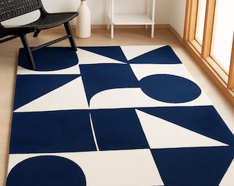 Navy Blue Geometric Rug, Scandinavian Area Rug, Modern Abstract Carpet, Minimalist Living Room Rug