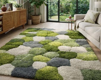 Hand Tufted Moss Rug, Sculpted Organic Stone Path Luxury Green Area Carpet Gifts
