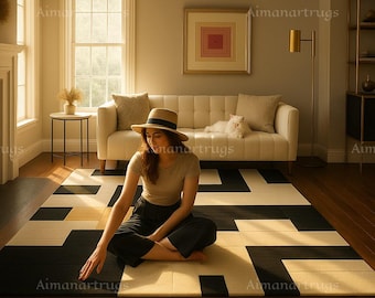 Hand Tufted Geometric Wool Rug, Modern Abstract Area Carpet, Black Beige Living Room Decor