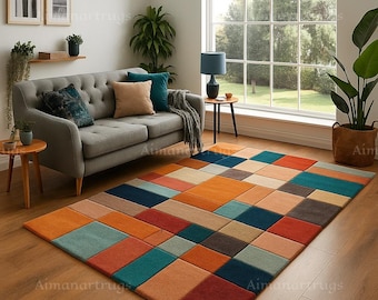 Hand Tufted Geometric Rug, Colorful Modern Area Rug, Abstract Multicolor Carpet, Contemporary Living Room Bedroom Decor