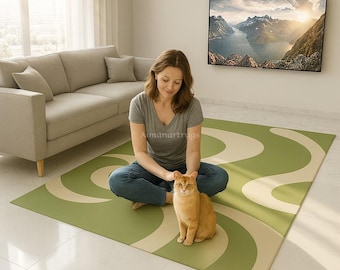 Abstract Wave Area Rug, Green Cream Carpet, Modern Minimalist Living Room Rug