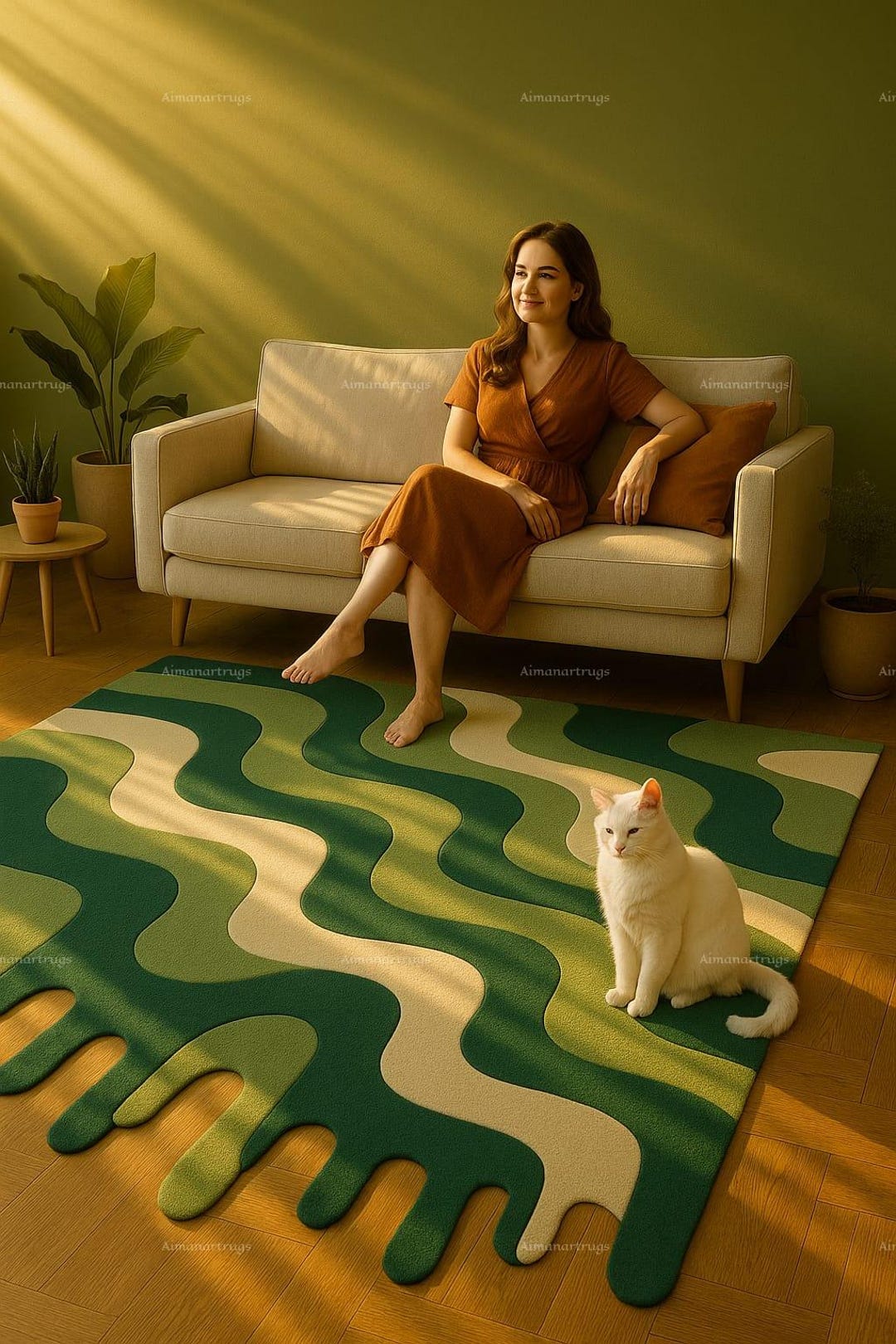 Toom Rug Drip Modern Wavy Green Rug for Living Room – Unique Drip Edge Design Carpet ...