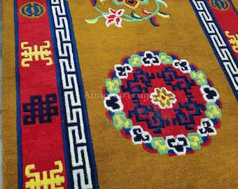 100x150 Tibetanischer Wollteppich, Handgemachter Teppich mit buddhistischen Symbolen