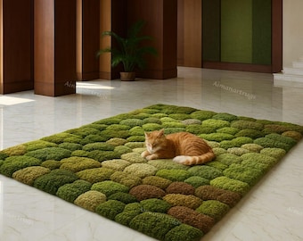 Hand Tufted Moss Rug, Sculpted Organic Stone Path Luxury Green Area Rug