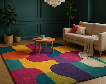 Colorful Abstract Hand Tufted Rug, Psychedelic Funky Swirl Modern Art Statement Carpet