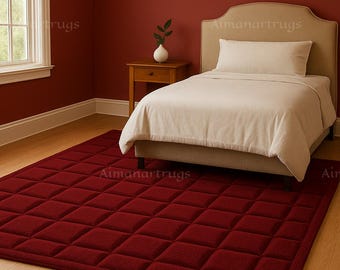 Hand Tufted Wool Rug, Burgundy Geometric Area Rug, Modern Living Room Carpet