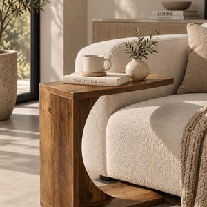 May include: A C-shaped side table made of brown wood with a visible grain pattern. The table features a flat rectangular top surface and a solid base that slides underneath furniture. It is positioned next to a cream-colored sofa.