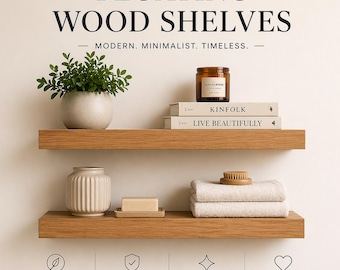 Floating Wood Shelves | Modern Wall Mounted Shelf | Custom Size Shelf | Minimalist Bathroom Shelf | Kitchen Floating Shelves Set