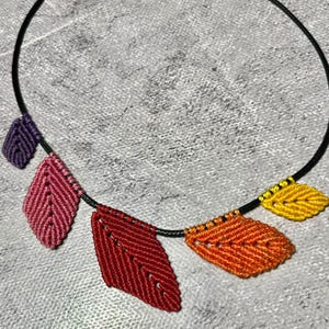 Puede incluir: Collar de macramé hecho a mano con colgantes de hojas coloridas. Las hojas son de color púrpura, rosa, rojo, naranja y amarillo, unidas a un cordón negro. El collar se muestra sobre una superficie gris texturizada.