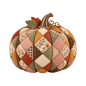 May include: A fabric pumpkin decoration featuring a quilted diamond pattern in shades of orange, green, brown, and pink. The surface displays various floral and gingham prints. It is topped with a brown stem and fabric leaves.