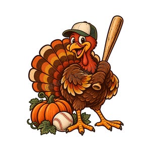 May include: A cartoon turkey wearing a green and white baseball cap, holding a wooden baseball bat. The turkey has brown feathers and a fanned tail with orange and brown stripes. An orange pumpkin and a white baseball with red stitching sit below.