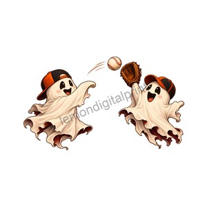 May include: Two cartoon ghosts wearing orange and black baseball caps are playing catch with a white baseball. One ghost throws the ball while the other reaches up with a brown leather baseball glove to catch it. The ghosts have white sheets.