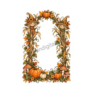 May include: A rectangular decorative frame composed of intertwined corn stalks, autumn leaves, and sunflowers. Two scarecrows with pointed hats sit at the top corners. The base features orange and white pumpkins and red-spotted mushrooms.