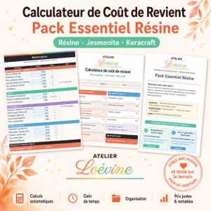 Peut inclure: Image promotionnelle pour Atelier Loévine, présentant trois documents avec des tableaux de calcul des coûts pour la résine, le Jesmonite et le Keracraft. Les documents sont blancs avec des en-têtes et du texte colorés. Le logo et les icônes d'Atelier Loévine sont également inclus.