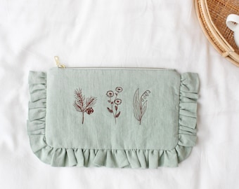Personalisierte Geburtsblumen Leinen Make-up-Tasche | Gestickte Rüschen Kosmetiktasche | Individuelle Kulturtasche | Muttertagsgeschenk für Mama | Mamas Garten