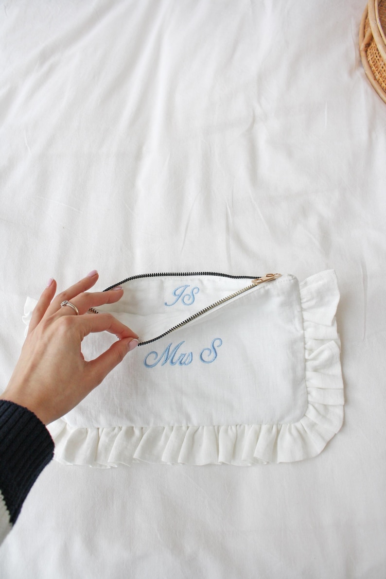 Custom bridal wedding day cosmetic bag made from linen.