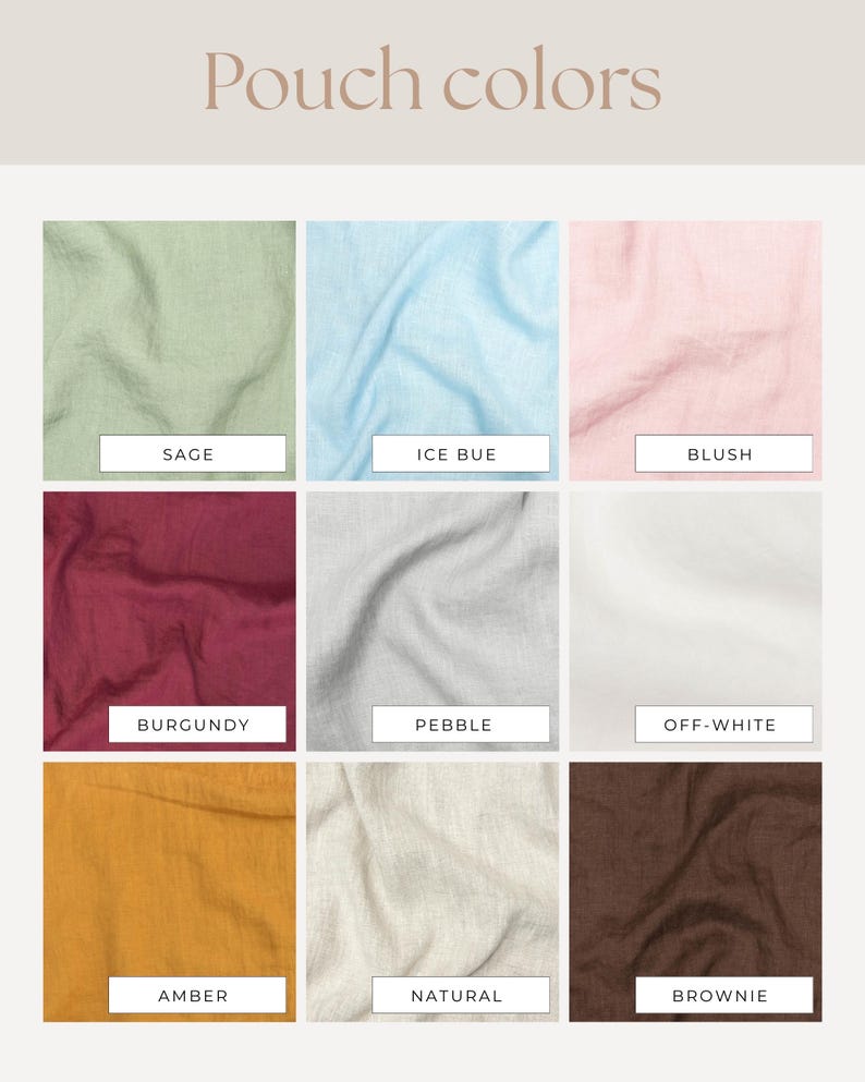 K&ouml;nnte beinhalten: Das Bild zeigt neun Stoffmuster in verschiedenen Farben. Die Farben sind Salbei, Eisblau, Rouge, Burgunder, Kiesel, Off-White, Bernstein, Natur und Braun. Jedes Muster ist mit seinem Farbnamen beschriftet.