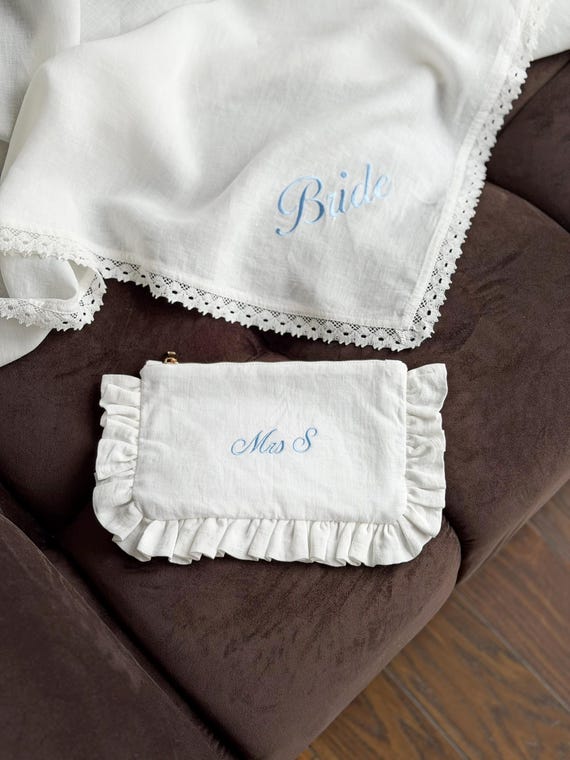 Personalized bride makeup bag Linen ruffle pouch Embroidered cosmetic bag Wedding day bridal gift Bride to be gift Bridal shower gift