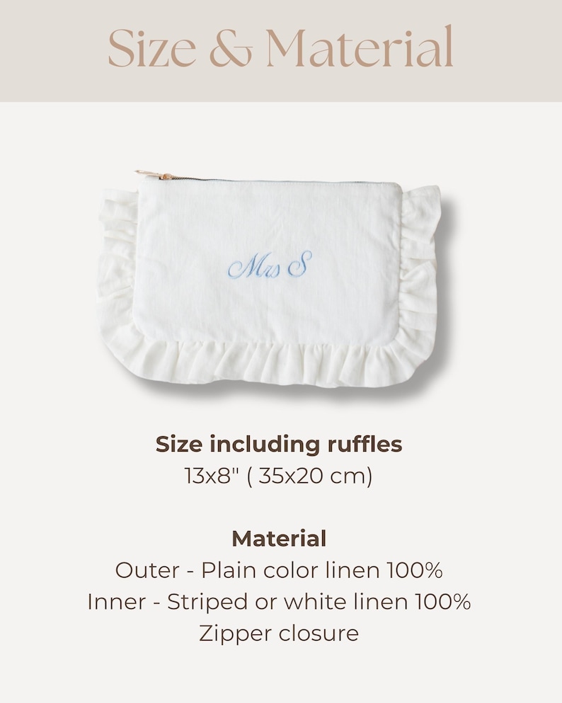 K&ouml;nnte beinhalten: Wei&szlig;e Leinen-Clutch mit R&uuml;schenkanten, bestickt mit "Ms S" in Blau. Die Clutch misst 35x20 cm inklusive R&uuml;schen. Sie hat einen Rei&szlig;verschluss und besteht aus 100 % einfarbigem Leinen au&szlig;en und gestreiftem oder wei&szlig;em Leinen innen.