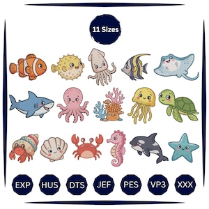 May include: A collection of 11 digital embroidery designs featuring cartoon sea creatures including a clownfish, pufferfish, squid, angelfish, stingray, shark, octopus, coral, jellyfish, turtle, hermit crab, seashell, crab, seahorse, orca, and starfish.