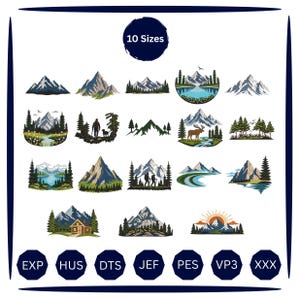 Puede incluir: Una colección de 18 diseños bordados de montañas y naturaleza con bosques, lagos, un excursionista con perro, un alce y una cabaña. El texto 10 Sizes aparece arriba, y los formatos EXP, HUS, DTS, JEF, PES, VP3 y XXX se listan abajo.
