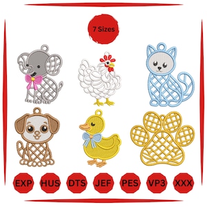 May include: A selection of machine embroidery designs in the shape of animals, including an elephant, chicken, cat, dog, duck, and paw print. Each design has a loop for hanging. The image also includes the text "7 Sizes" and embroidery file format abbreviations.