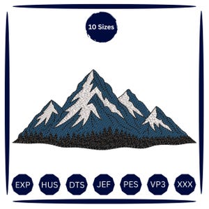 May include: An embroidery design featuring a mountain range with blue peaks, white snow accents, and a dark forest base. The text 10 Sizes appears at the top, and the file formats EXP, HUS, DTS, JEF, PES, VP3, and XXX are listed at the bottom.