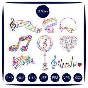 Könnte beinhalten: Eine Sammlung von mehrfarbigen Stickmustern zum Thema Musik mit Noten, Notenlinien, einer Gitarre und einem Herz. Der Text 11 Sizes erscheint oben, gefolgt von den Dateiformaten EXP, HUS, DTS, JEF, PES, VP3 und XXX im unteren Bereich.