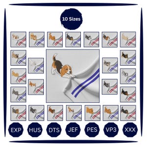 May include: A digital embroidery design collection featuring various dog breeds in a playful pose, each pulling on a fabric edge with stripes. The set includes 10 sizes and multiple file formats like EXP, HUS, DTS, JEF, PES, VP3, and XXX for machines.