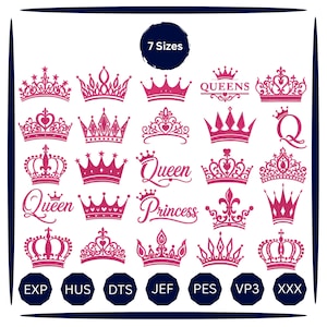 Puede incluir: Una colección digital de 25 diseños de bordado de coronas rosas dispuestos en una cuadrícula. La imagen muestra varios estilos de coronas, algunos con el texto "Queen" o "Princess", e incluye una etiqueta "7 Sizes" y formatos de archivo: EXP, HUS, DTS, JEF, PES, VP3, XXX.