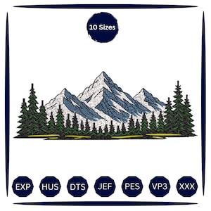May include: An embroidery design featuring a central mountain range with blue and white stitching, surrounded by a dense forest of dark green pine trees. Above the mountains is a dark blue circle with the text 10 Sizes. Below are seven file formats.