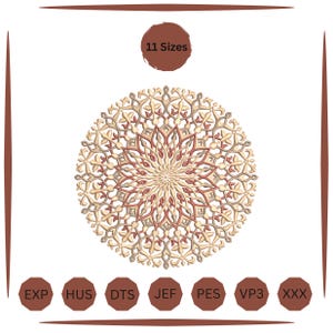 May include: A circular embroidery design featuring an intricate mandala pattern with cream, tan, and muted red interlacing lines. The text 11 Sizes appears at the top, and the file formats EXP, HUS, DTS, JEF, PES, VP3, and XXX are listed below.