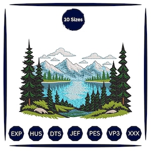 May include: An embroidery design featuring a mountain landscape with a central lake, surrounded by dark green pine trees and light green foreground foliage. The text 10 Sizes appears at the top, with file formats EXP, HUS, DTS, JEF, PES, VP3, XXX below.