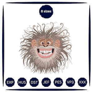 Puede incluir: Un diseño de bordado que muestra una criatura de pelaje marrón y alborotado con una amplia sonrisa de dientes visibles y orejas grandes. Arriba, el texto dice 8 sizes. Debajo hay siete iconos octogonales azul oscuro con las siglas EXP, HUS, DST, JEF, PES, VP3 y XXX.