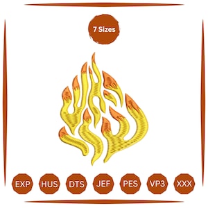 May include: An embroidery design of a flame motif in yellow and orange thread. The text 7 Sizes appears at the top, and seven circular icons at the bottom contain the file formats EXP, HUS, DTS, JEF, PES, VP3, and XXX for machine embroidery.