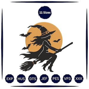 Könnte beinhalten: Ein Stickmuster mit der schwarzen Silhouette einer Hexe mit spitzem Hut und Umhang, die auf einem Besen vor einem großen orangefarbenen Mond mit drei Fledermäusen fliegt. Der Text 11 Sizes sowie die Dateiformate EXP, HUS, DTS, JEF, PES, VP3, XXX.