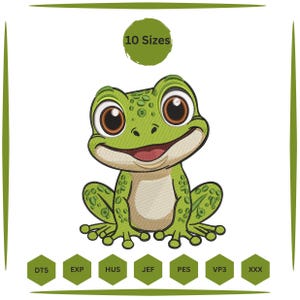 May include: A cartoon frog embroidery design in shades of green, tan, and brown. The frog has large, expressive eyes and a smiling mouth. The design includes the text "10 Sizes" and various file format labels.
