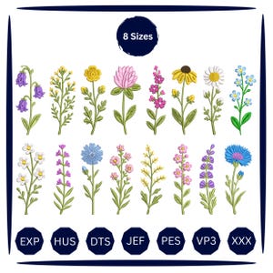 May include: A digital embroidery design collection featuring 16 distinct wildflower illustrations in various colors including purple, yellow, pink, white, and blue. The image includes the text 8 Sizes and file formats EXP, HUS, DTS, JEF, PES, VP3, and XXX.