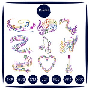 May include: A digital embroidery design collection featuring eight colorful musical motifs including swirling staves, a heart shape, and a guitar made of notes. The text 11 sizes appears at the top, with file formats EXP, HUS, DTS, JEF, PES, VP3, and XXX listed below.