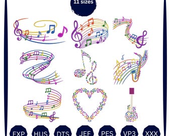 Peut inclure: Une collection de motifs de broderie numérique présentant huit designs musicaux colorés, incluant des portées tourbillonnantes, un cœur et une guitare formés de notes. Le texte 11 sizes figure en haut, avec les formats EXP, HUS, DTS, JEF, PES, VP3 et XXX en bas.