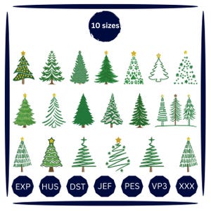 Könnte beinhalten: Eine digitale Sammlung von 18 einzigartigen Weihnachtsbaum-Stickmustern in verschiedenen grünen Stilen, einschließlich massiver, umrissener und gemusterter Versionen. Das Bild enthält ein 10 sizes Etikett und die Dateiformate EXP, HUS, DST, JEF, PES, VP3, XXX.
