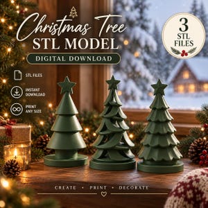 Könnte beinhalten: Drei matte grüne 3D-gedruckte Weihnachtsbaummodelle mit Sternspitzen auf runden Sockeln. Der Text lautet: Christmas Tree STL MODEL, DIGITAL DOWNLOAD, 3 STL FILES, STL FILES, INSTANT DOWNLOAD, PRINT ANY SIZE, CREATE • PRINT • DECORATE.