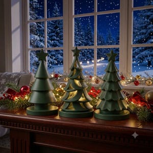 May include: Three matte green decorative Christmas tree figurines stand in a row. Each tree features a tiered conical shape topped with a star. The centre tree has a hollow, open-work design, while the two outer trees have solid surfaces.