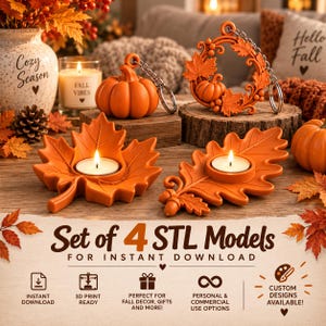 Puede incluir: Un conjunto de 4 modelos STL para descarga instantánea, que incluye dos llaveros naranjas con motivos de calabazas y hojas, y dos portavelas de té con forma de hoja. El texto Set of 4 STL Models aparece claramente en la imagen.