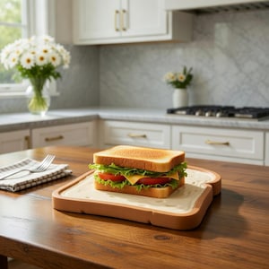 Puede incluir: Un sándwich tostado con lechuga, tomate y queso sobre una bandeja con forma de pan. La bandeja es marrón con el interior blanco. El sándwich está sobre una mesa de madera. Un jarrón con flores blancas está al fondo.